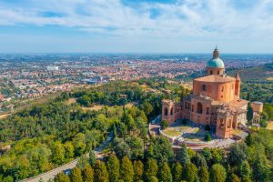 Aerial view of Sanctuary of the Madonna di San Luca in Bologna, Italy.