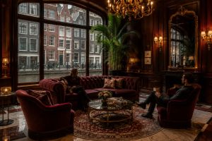 Innenbereich eines Boutique-Hotels in Amsterdam mit Kronleuchter und Pflanzen am Fenster