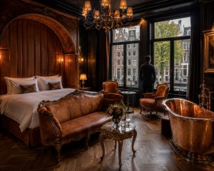Hotelzimmer in Amsterdam mit Kronleuchter und Blick auf die Grachten