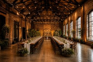 Umgebautes Lagerhaus in Amsterdam als Event-Location mit langer Tafel und Lichterketten