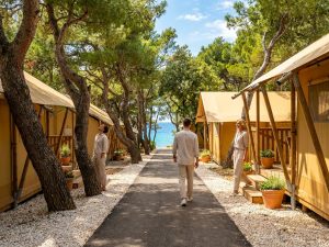 Bungalow-Unterkünfte zwischen Bäumen nahe dem Strand bei Barcelona