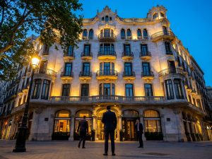 Beleuchtete Fassade eines Luxushotels in Barcelona am Abend