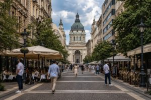 Fußgängerzone in Budapest mit Blick auf die Stephansbasilika