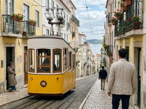 Gelbe historische Straßenbahn auf einer engen Straße in der Lissabon-Altstadt mit bunten Fassaden