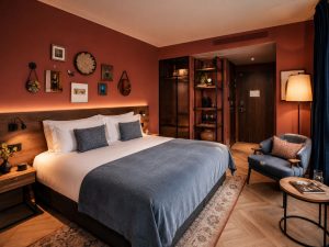 Hotelzimmer in warmen Terrakotta-Tönen in Mailand