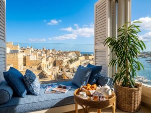 Dachterrasse eines Boutique Hotels auf Malta mit Blick über die Stadt