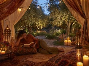 KI-generierte Visualisierung einer Eco-Lodge bei Marrakesch in natürlicher Umgebung, ideal für achtsame Team Retreats mit Fokus auf Natur und Klarheit