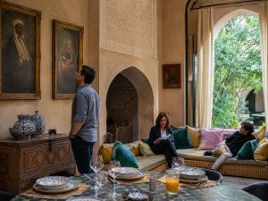 KI-generierte Visualisierung einer marokkanischen Riad-Location in Marrakesch mit Kamin und Gemeinschaftsbereich, geeignet für intime Firmen-Offsites