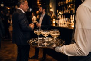 Gäste stoßen an der Hotelbar in München mit Cocktails an