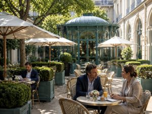 Elegante Gartenlounge mit Glaspavillon für Gruppen in einem Hotel in Paris