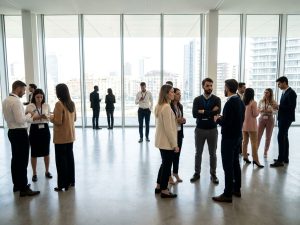 Business-Meeting in einem großen Konferenzraum mit Glasfront und Blick auf die Pariser Skyline