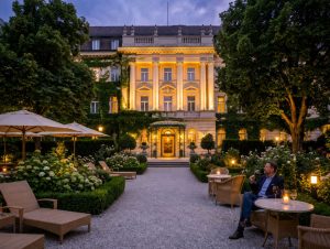 Beleuchtete Fassade und Terrasse eines Heritage-Hotels in Prag bei Abenddämmerung