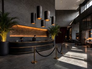 Elegantes Hotel-Foyer in Rom mit stilvoller Beleuchtung und Rezeption