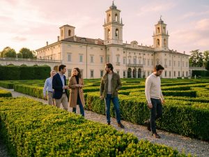 Gruppe im Gespräch im Garten eines historischen Palazzo bei Bologna