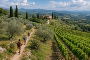 Wandergruppe auf einem Weg durch die Weinberge der Toskana