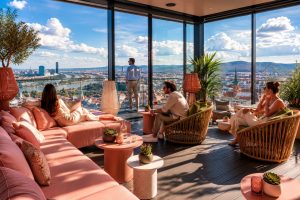 Lounge-Bereich mit Panoramafenstern und Blick über die Dächer Wiens
